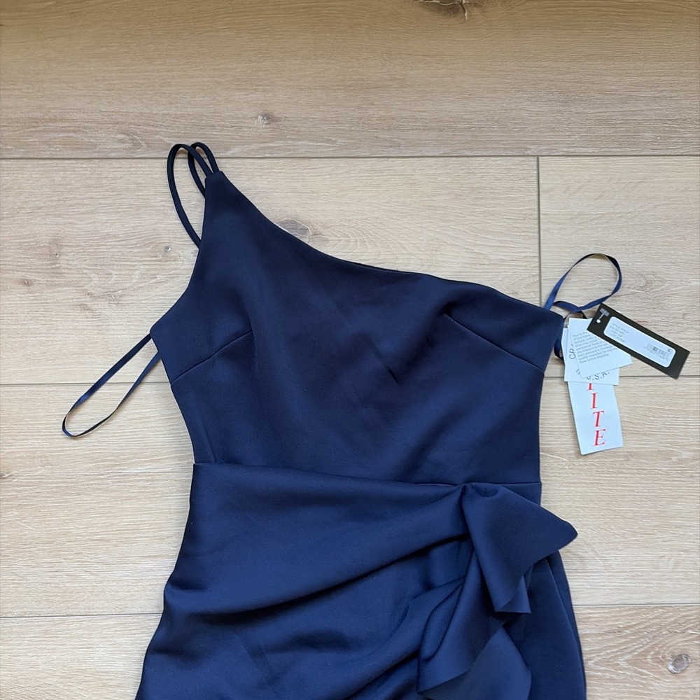 Xscape Petite Gown 10P Navy One Shoulder Ruffle Sheath Formal Wedding Guest NWT - Picture 2 of 9